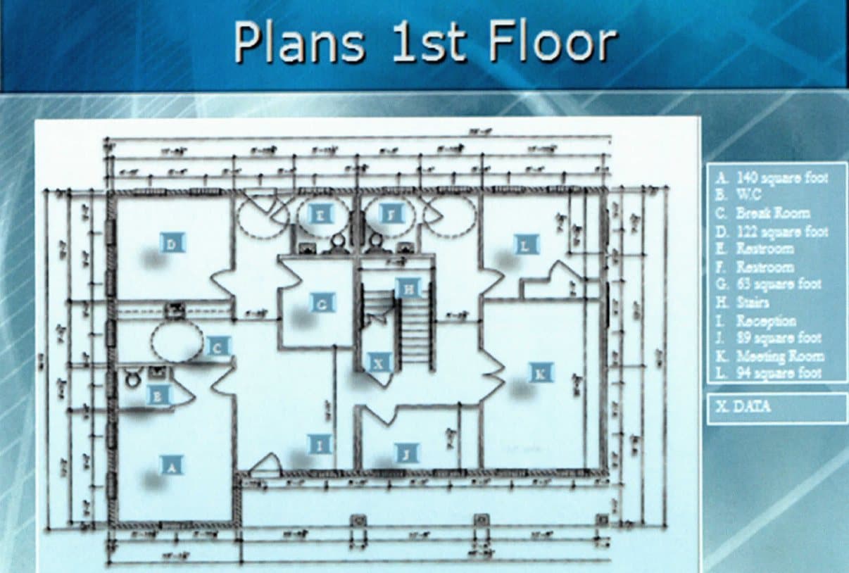 Architectural plan of the first floor with rooms keyed A to L. The legend lists offices of 140, 122, 63, 89 and 94 square feet, a reception, a break room, a meeting room, two restrooms, a WC, stairs and a data closet.
