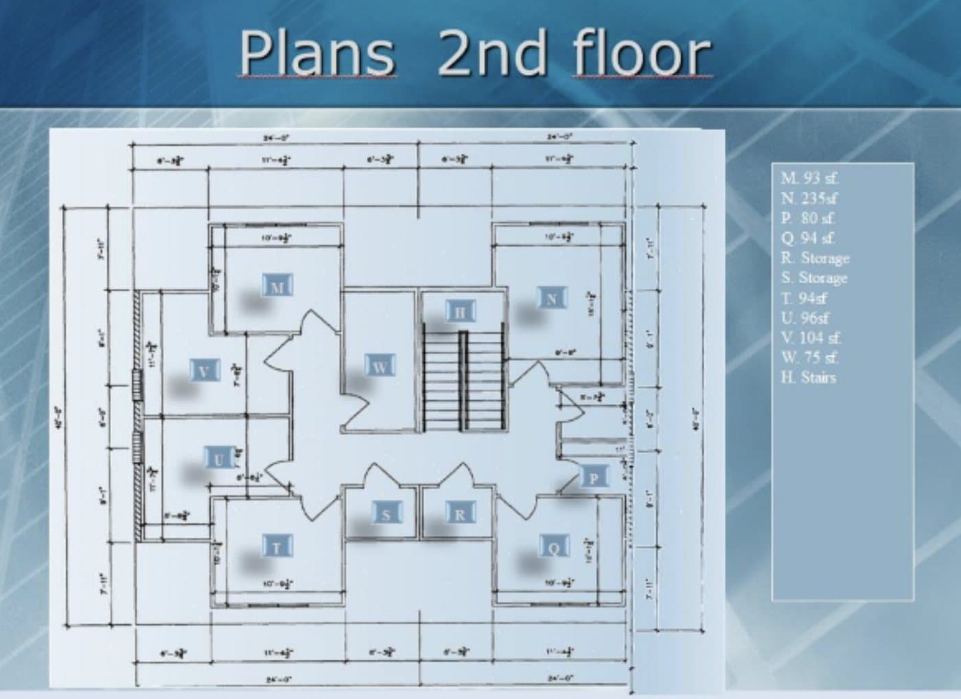 Architectural plan of the second floor with rooms keyed M to W. The legend lists offices of 93, 235, 80, 94, 94, 96, 104 and 75 square feet, two storage rooms and stairs.