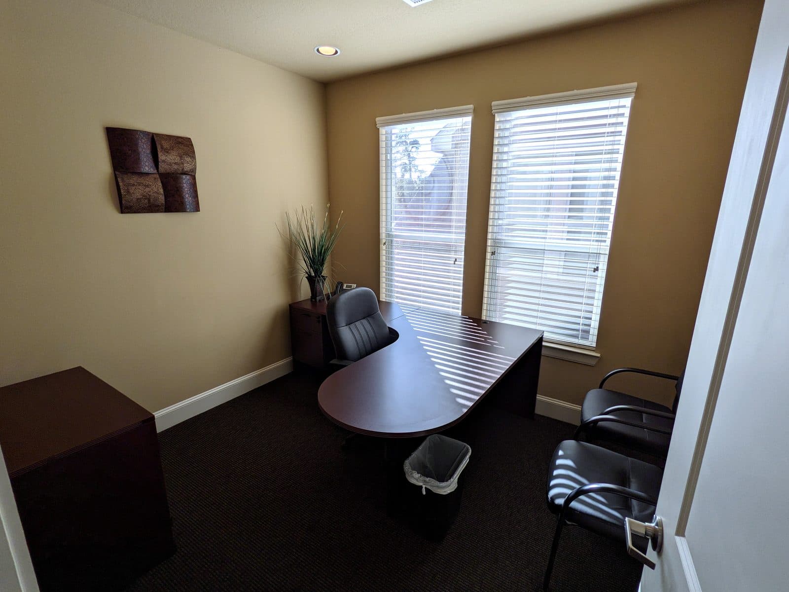 Private office with a bow-front desk and return, a task chair, a credenza with an artificial grass plant, framed square wall art, two guest chairs and two blinded windows.